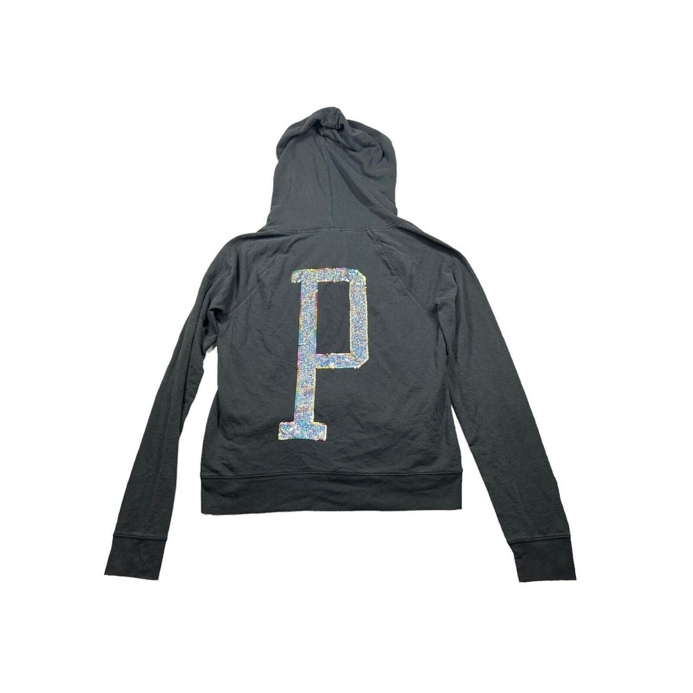 Victoria’s Secret Pink Black Sequin Bling P Logo Full Zip Hoodie L